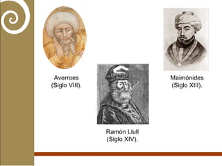 Averroes (Siglo VIII). Maimónides (Siglo XIII). Ramón Llull (Siglo XIV). 