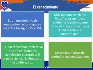 El renacimiento
Es un movimiento de
renovación cultural que se
da entre los siglos XV y XVI.
Más que una corriente
filosófica es un nuevo
ambiente ideológico que
sirve de transición entre la
Edad media y la
Modernidad.
Es una atmosfera intelectual
que afecta todas las
actividades culturales: El
arte, la ciencia, la literatura,
la política, etc.
Las características del
periodo renacentistas son:
 