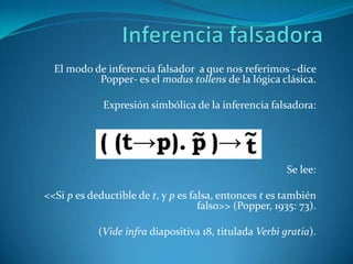Inferencia falsadoraEl modo de inferencia falsador  a que nos referimos –dice Popper- es el modus tollens de la lógica clásica.Expresión simbólica de la inferencia falsadora:Se lee:<<Si p es deductible de t, y p es falsa, entonces t es también falso>> (Popper, 1935: 73).(Vide infra diapositiva 18, titulada Verbi gratia).