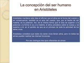 La concepción del ser humano enLa concepción del ser humano en
AristótelesAristóteles
Aristóteles mantiene esta idea al afirmar que el alma es la forma del cuerpo
y, en consecuencia, también es el acto del cuerpo, que, por el hecho de ser materia, es
la potencia. Así, de la misma forma que el acto es superior a la potencia y la forma lo
es a la materia, el alma prevalece sobre el cuerpo y es superior a él, en el sentido de
que es el principio de toda la actividad de los seres vivos.
 
Aristóteles considera que todos los seres vivos tienen alma, pero no todas
las almas pueden realizar las mismas funciones.
Por eso distingue tres tipos diferentes de almas:
 