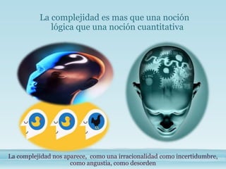 La complejidad es mas que una noción
lógica que una noción cuantitativa
La complejidad nos aparece, como una irracionalidad como incertidumbre,
como angustia, como desorden
 