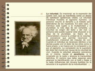 a)   La voluntad. Es irracional: es la expresión del
     querer vivir, que se manifiesta como un deseo
     de satisfacer apetencias vitales. La voluntad
     individual muestra el egoísmo humano. La
     persona recurre al derecho y al Estado para
     defenderse de las injusticias. En este caso, el
     individuo está sujeto a la multiplicidad y la
     pluralidad; la vida deja de ser completa. La
     voluntad es origen del dolor y del mal. La
     persona sólo puede superar esta situación si se
     aleja de la pluralidad, se libera de la
     irracionalidad y busca la unidad de la voluntad:
     la conciencia que permite reconocer la
     insatisfacción irracional del impulso de vivir.
     Cuando el individuo se reconoce idéntico a los
     demás puede vivir el dolor de los otros como si
     fuera propio, y se mueve por la compasión y no
     por el egoísmo. La compasión es la supresión
     del dolor del mundo por causa de la voluntad de
     vivir. Cuando la voluntad adquiere conciencia
     de sí misma, tiende al ascetismo, a la
     inmersión en la nada y alcanza la tranquilidad
     definitiva. El camino que debe seguirse para
     alcanzar la identificación con el todo y llegar a
     la nada (influencias del nirvana budista) es la
     renuncia o la supresión de la individualidad. 19
 