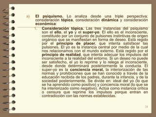 a)    El psiquismo. Lo analiza desde una triple perspectiva:
      consideración tópica, consideración dinámica y consideración
      económica:
     1. Consideración tópica. Las tres instancias del psiquismo
         son el ello, el yo y el super-yo. El ello es el inconsciente,
         constituido por un conjunto de pulsiones instintivas de origen
         orgánico que se manifiestan en forma de deseo. Está regido
         por el principio de placer, que intenta satisfacer las
         pulsiones. El yo es la instancia central por medio de la cual
         nos relacionamos con el mundo externo. Está regido por el
         principio de realidad, que intenta adecuar los impulsos del
         inconsciente a la realidad del entorno. Si un deseo no puede
         ser satisfecho, el yo lo reprime y lo relega al inconsciente,
         desde donde determinará posteriormente la conducta. El
         super-yo es la conciencia moral, la interiorización de las
         normas y prohibiciones que se han conocido a través de la
         educación recibida de los padres, durante la infancia, y de la
         sociedad posteriormente. Se divide en: ideal del yo (lo que
         se ha aprendido como positivo) y conciencia moral (lo que se
         ha interiorizado como negativo). Actúa como instancia crítica
         o censura que reprime los impulsos porque entran en
         contradicción con las normas establecidas.

                                                                     28
 