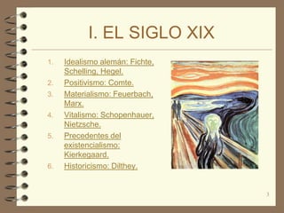 I. EL SIGLO XIX
1.   Idealismo alemán: Fichte,
     Schelling, Hegel.
2.   Positivismo: Comte.
3.   Materialismo: Feuerbach,
     Marx.
4.   Vitalismo: Schopenhauer,
     Nietzsche.
5.   Precedentes del
     existencialismo:
     Kierkegaard.
6.   Historicismo: Dilthey.


                                 3
 