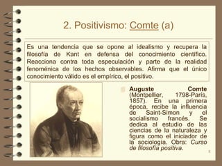 2. Positivismo: Comte (a)

Es una tendencia que se opone al idealismo y recupera la
filosofía de Kant en defensa del conocimiento científico.
Reacciona contra toda especulación y parte de la realidad
fenoménica de los hechos observables. Afirma que el único
conocimiento válido es el empírico, el positivo.

                              Auguste                 Comte
                                (Montpellier,      1798-París,
                                1857). En una primera
                                época, recibe la influencia
                                de     Saint-Simon     y    el
                                socialismo     francés.   Se
                                dedica al estudio de las
                                ciencias de la naturaleza y
                                figura como el iniciador de
                                la sociología. Obra: Curso
                                de filosofía positiva.         8
 