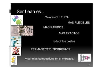 11
Ser Lean es…
Cambio CULTURAL
MAS FLEXIBLES
MAS RAPIDOS
MAS EXACTOS
reducir los costos
PERMANECER / SOBREVIVIR
y ser mas competitivos en el mercado.
 
