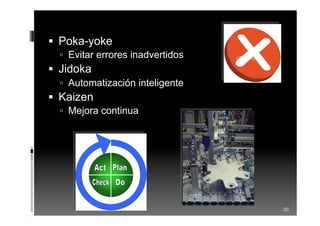 elementos base (2)
 Poka-yoke
 Evitar errores inadvertidos
 Jidoka
 Automatización inteligente
 Kaizen
 Mejora continua
20
 