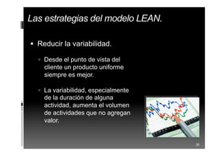  Reducir la variabilidad.
 Desde el punto de vista del
cliente un producto uniforme
siempre es mejor.
 La variabilidad, especialmente
de la duración de alguna
actividad, aumenta el volumen
de actividades que no agregan
valor.
26
Las estrategias del modelo LEAN.
 