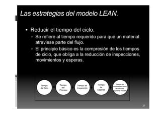  Reducir el tiempo del ciclo.
 Se refiere al tiempo requerido para que un material
atraviese parte del flujo.
 El principio básico es la compresión de los tiempos
de ciclo, que obliga a la reducción de inspecciones,
movimientos y esperas.
27
Tiempo
de Ciclo
Tiempo
del
Proceso
Tiempo de
Inspección
Tiempo de
movimiento hacia
la actividad
siguiente Proceso
Tiempo
de
Esperas
Las estrategias del modelo LEAN.
 