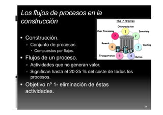 Los flujos de procesos en la
construcción
 Construcción.
 Conjunto de procesos.
 Compuestos por flujos.
 Flujos de un proceso.
 Actividades que no generan valor.
 Significan hasta el 20-25 % del coste de todos los
procesos.
 Objetivo nº 1- eliminación de éstas
actividades.
34
 
