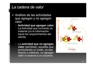 La cadena de valor
 Análisis de las actividades
que agregan y no agregan
valor.
 Actividad que agregan valor:
La Actividad que convierte un
material y/o la información
hacia los requerimientos del
cliente.
 La actividad que no agregan
valor (pérdidas): aquellas que
produciendo un costo, ya sea
directo o indirecto, no agregan
valor ni avance a un proyecto.
39
 