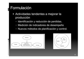 Formulación
 Actividades tendentes a mejorar la
producción
 Identificación y reducción de perdidas.
 Medición de indicadores de desempeño
 Nuevos métodos de planificación y control.
42
 