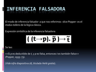 INFERENCIA FALSADORA

El modo de inferencia falsador a que nos referimos –dice Popper- es el
modus tollens de la lógica clásica.

Expresión simbólica de la inferencia falsadora:




Se lee:

<<Si p es deductible de t, y p es falsa, entonces t es también falso>>
(Popper, 1935: 73).

(Vide infra diapositiva 18, titulada Verbi gratia).
 