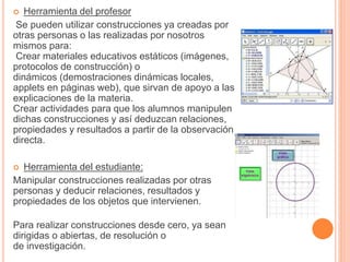  Herramienta del profesor 
Se pueden utilizar construcciones ya creadas por 
otras personas o las realizadas por nosotros 
mismos para: 
Crear materiales educativos estáticos (imágenes, 
protocolos de construcción) o 
dinámicos (demostraciones dinámicas locales, 
applets en páginas web), que sirvan de apoyo a las 
explicaciones de la materia. 
Crear actividades para que los alumnos manipulen 
dichas construcciones y así deduzcan relaciones, 
propiedades y resultados a partir de la observación 
directa. 
 Herramienta del estudiante: 
Manipular construcciones realizadas por otras 
personas y deducir relaciones, resultados y 
propiedades de los objetos que intervienen. 
Para realizar construcciones desde cero, ya sean 
dirigidas o abiertas, de resolución o 
de investigación. 
