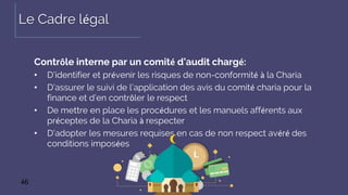 46
Le Cadre légal
Contrôle interne par un comité d’audit chargé:
• D’identifier et prévenir les risques de non-conformité à la Charia
• D’assurer le suivi de l’application des avis du comité charia pour la
finance et d’en contrôler le respect
• De mettre en place les procédures et les manuels afférents aux
préceptes de la Charia à respecter
• D’adopter les mesures requises en cas de non respect avéré des
conditions imposées
 