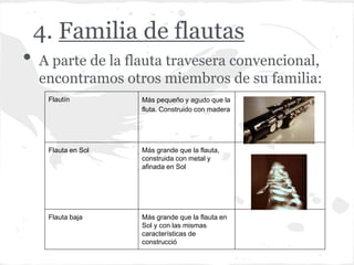 4. Familia de flautas
• A parte de la flauta travesera convencional,
encontramos otros miembros de su familia:
Flautín Más pequeño y agudo que la
fluta. Construido con madera
Flauta en Sol Más grande que la flauta,
construida con metal y
afinada en Sol
Flauta baja Más grande que la flauta en
Sol y con las mismas
características de
construcció
 