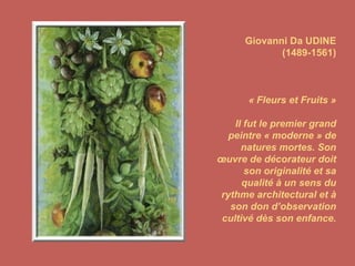 Giovanni Da UDINE (1489-1561) « Fleurs et Fruits » Il fut le premier grand peintre « moderne » de natures mortes. Son œuvre de décorateur doit son originalité et sa qualité à un sens du rythme architectural et à son don d’observation cultivé dès son enfance. 