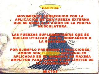 PASIVOS MOVIMIENTO CONSEGUIDO POR LA APLICACIÓN DE UNA FUERZA EXTERNA QUE SE SUMA A LA ACIÓN DE LA PROPIA MUSCULATURA LAS FUERZAS SUPLEMENTARIAS QUE SE SUELEN UTILIZAR SON EL COMPAÑERO O LA GRAVEDAD POR EJEMPLO PRESIONES Y TRACCIONES, AMBOS SON FUERZAS ADICIONALES APLICADAS EN EL MOMENTO DE MÁXIMA AMPLITUD PARA LLEGAR A LOS LÍMITES DE LA FLEXIBILIDAD MIXTOS DE FORMA ACTIVA MÁS LA AYUDA DE UN PESO ADICIONAL O DE LA ACIÓN DE UN COMPAÑERO 