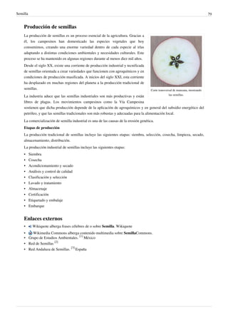 Semilla 79
Producción de semillas
Corte transversal de manzana, mostrando
las semillas.
La producción de semillas es un proceso esencial de la agricultura. Gracias a
él, los campesinos han domesticado las especies vegetales que hoy
consumimos, creando una enorme variedad dentro de cada especie al irlas
adaptando a distintas condiciones ambientales y necesidades culturales. Este
proceso se ha mantenido en algunas regiones durante al menos diez mil años.
Desde el siglo XX, existe una corriente de producción industrial y tecnificada
de semillas orientada a crear variedades que funcionen con agroquímicos y en
condiciones de producción masificada. A inicios del siglo XXI, esta corriente
ha desplazado en muchas regiones del planeta a la producción tradicional de
semillas.
La industria aduce que las semillas industriales son más productivas y están
libres de plagas. Los movimientos campesinos como la Vía Campesina
sostienen que dicha producción depende de la aplicación de agroquímicos y en general del subsidio energético del
petróleo, y que las semillas tradicionales son más robustas y adecuadas para la alimentación local.
La comercialización de semilla industrial es una de las causas de la erosión genética.
Etapas de producción
La producción tradicional de semillas incluye las siguientes etapas: siembra, selección, cosecha, limpieza, secado,
almacenamiento, distribución.
La producción industrial de semillas incluye las siguientes etapas:
•
• Siembra
•
• Cosecha
•
• Acondicionamiento y secado
•
• Análisis y control de calidad
•
• Clasificación y selección
•
• Lavado y tratamiento
•
• Almacenaje
•
• Certificación
•
• Etiquetado y embalaje
•
• Embarque
Enlaces externos
• Wikiquote alberga frases célebres de o sobre Semilla. Wikiquote
• Wikimedia Commons alberga contenido multimedia sobre SemillaCommons.
• Grupo de Estudios Ambientales.
[1]
México
• Red de Semillas
[2]
• Red Andaluza de Semillas.
[3]
España
 
