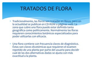 Tradicionalmente, las floras son tratadas en libros, pero en
la actualidad se publican en CD-ROM o páginas web. La
zona que cubre una flora puede estar definida tanto
geográfica como políticamente. Normalmente las floras
requieren conocimientos botánicos especializados para
poder utilizarlas con eficacia.
Una flora contiene con frecuencia claves de diagnóstico.
Éstas son claves dicotómicas que requieren el examen
repetido de una planta por parte del usuario para decidir
cual de las dos alternativas dadas se ajusta con más
exactitud a la planta.
TRATADOS DE FLORA
 