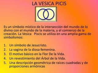 LA VESICA PICIS



Es un símbolo místico de la intersección del mundo de lo
divino con el mundo de la materia, y el comienzo de la
creación. La Vesica Piscis se utiliza en una amplia gama de
simbolismos:

1.   Un símbolo de Jesucristo.
2.   La vagina de la diosa femenina.
3.   El motivo básico en la Flor De la Vida.
4.   Un revestimiento del Árbol de la Vida.
5.   Una descripción geométrica de raíces cuadradas y de
     proporciones armónicas
 