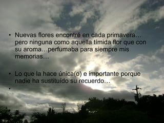 Nuevas flores encontré en cada primavera… pero ninguna como aquella tímida flor que con su aroma…perfumaba para siempre mis memorias… Lo que la hace única(o) e importante porque nadie ha sustituído su recuerdo… 