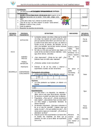 INSTITUTO DE EDUCACIÓN SUPERIOR PEDAGÓGICO PÚBLICO “JOSÉ JIMÉNEZ BORJA”
Socialización:
 Los niños expresan a qué jugaron, con qué materiales.
Representación:
 Los niños y niñas dibujan lo que más les gusto cuando jugaron en los
sectores.
ACTIVIDADES PERMANENTES DE ENTRADA
 Saludan a Dios con una canción y hacen la oración.
 Saludo de bienvenida con la canción “Como están, amigos como
están”.
 ¿Cómo está el clima hoy?, entonan la canción del clima.
 ¿Qué día es hoy?, los niños entonan la canción “Doña semana”,
establecen la fecha el mes y el año.
 Cartel de asistencia.
 Recuerdan los acuerdos de convivencia.
Canción
Calendario
SECUENCIA
DIDACTICA
PROCESOS
PEDAGOGICOS
ESTRATEGIAS INDICADORES RECURSOS/
MATERIALES
INICIO
DESARROLLO
MOTIVACIÓN
SABERES
PREVIOS
PROBLE-
MATIZACIÓN
PROPÓSITO
COMPARTIENDO
CONOCIMIENTO
 La docente comenta a los niños y niñas que ha venido
una amiga muy especial que quiere conocerlos, pero
para que aparezca todos tienen que cerrar sus ojos, a
la cuenta de tres todos abren sus ojos y se observa a
Florcita una flor de peluche, ella interactúa con los
niños y les manifiesta que les trajo muchas sorpresas
deja la caja mágica y se despide.
 Se invita a un niño para que habrá la caja mágica a la
cuenta de tres (se observa diversos materiales, vasos,
agua, flores blancas, colorantes)
 ¿Qué observamos?, ¿Dónde las han visto?, ¿Qué
podemos hacer con todos estos materiales?
 ¿Podremos cambiar el color de las flores?
 Entonces el día de hoy vamos a observar y
experimentar el cambio de color de las flores.
Planteamiento del problema:
 ¿Cómo puedo obtener flores de diferentes colores?
P. del problema Hipótesis Experimentación Verbalización Contrastación Conclusiones
-Pintándolas
-Coloreándolas
-Con tinte…
Hipótesis:
 Los niños plantearán sus hipótesis y le dictarán a la
docente.
HIPÓTESIS
-Pintándolas
-Coloreándolas
-Con tinte…
Experimentación:
 Los niños tienen a su disposición los materiales a
utilizar como el vaso, agua, flores blancas, colorantes.
 Se menciona el cuidado que deben tener al utilizarlos.
 Preguntamos: ¿Para qué es?, ¿Dónde encontramos
estos objetos?, ¿Qué podemos hacer con todos ellos?
 Los niños indagan y experimentan libremente de
manera individual.
 Se interactúa preguntando: ¿Qué pasa si colocamos la
flor en un vaso con colorante?, ¿Ustedes creen que
cambie de color?, ¿Por qué cambiará de color?, ¿Por
dónde subirá el agua con el colorante?, ¿Por dónde se
alimentarán las flores?
 Después que los niños experimentaron de manera libre
se muestra tres recipientes con flores que ya
cambiaron de color ya que el efecto del experimento
dura un día.
Explora y observa
objetos, seres
vivos, hechos o
fenómenos de su
entorno haciendo
uso de sus
sentidos.
Se apoya en
gestos y
movimientos al
decir algo.
Menciona las
acciones que
puede realizar
para resolver un
problema.
Flor de
peluche
Caja mágica
Vasos
Agua
Flores
blancas
Colorantes
 