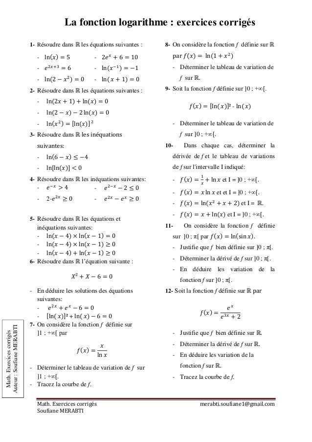 Étude de fonction logarithme exercice corrigé pdf