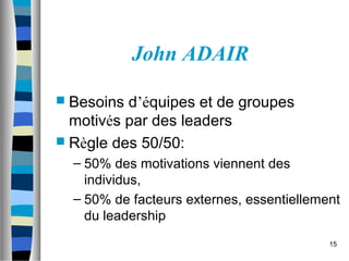 15
John ADAIR
 Besoins d’équipes et de groupes
motivés par des leaders
 Règle des 50/50:
– 50% des motivations viennent des
individus,
– 50% de facteurs externes, essentiellement
du leadership
 