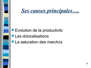 18
Ses causes principales….
 Evolution de la productivité
 Les délocalisations
 La saturation des marchés
 