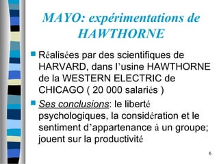 6
MAYO: expérimentations de
HAWTHORNE
 Réalisées par des scientifiques de
HARVARD, dans l’usine HAWTHORNE
de la WESTERN ELECTRIC de
CHICAGO ( 20 000 salariés )
 Ses conclusions: le liberté
psychologiques, la considération et le
sentiment d’appartenance à un groupe;
jouent sur la productivité
 