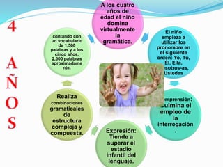 A los cuatro
años de
edad el niño
domina
virtualmente
la
gramática.
El niño
empieza a
utilizar los
pronombre en
el siguiente
orden: Yo, Tú,
Él, Ella,
Nosotros-as,
Ustedes
Comprensión:
Culmina el
empleo de
la
interrogación
.Expresión:
Tiende a
superar el
estadio
infantil del
lenguaje.
Realiza
combinaciones
gramaticales
de
estructura
compleja y
compuesta.
contando con
un vocabulario
de 1,500
palabras y a los
cinco años,
2,300 palabras
aproximadame
nte.
 