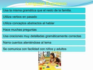 Usa la misma gramática que el resto de la familia.
Utiliza verbos en pasado
Utiliza conceptos abstractos al hablar
Hace muchas preguntas
Usa oraciones muy detalladas gramáticamente correctas
Narra cuentos ateniéndose al tema
Se comunica con facilidad con niños y adultos
Lenguaje Expresivo
 