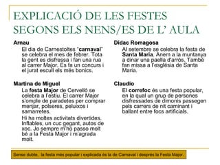 EXPLICACIÓ DE LES FESTES
SEGONS ELS NENS/ES DE L’ AULA
ArnauArnau
El dia de Carnestoltes “carnaval”
se celebra el mes de febrer. Tota
la gent es disfressa i fan una rua
al carrer Major. Es fa un concurs i
el jurat escull els més bonics.
Martina de MiguelMartina de Miguel
La festa Major de Cervelló se
celebra a l’estiu. El carrer Major
s’omple de paradetes per comprar
menjar, polseres, peluixos i
samarretes.
Hi ha moltes activitats divertides.
Inflables, un cuc gegant, autos de
xoc. Jo sempre m’ho passo molt
bé a la Festa Major i m’agrada
molt.
Dídac RomagosaDídac Romagosa
Al setembre se celebra la festa de
Santa Maria. Anem a la muntanya
a dinar una paella d'arròs. També
fan missa a l’església de Santa
Maria.
ClaudioClaudio
El correfoc és una festa popular,
en la qual un grup de persones
disfressades de dimonis passegen
pels carrers de nit caminant i
ballant entre focs artificials.
Sense dubte, la festa més popular i explicada és la de Carnaval i després la Festa Major.
 