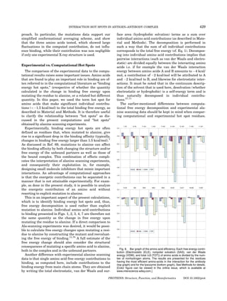 INTERACTION HOT SPOTS IN ANTIGEN–ANTIBODY COMPLEX                                                      429

proach. In particular, the mutations data support our             face area (hydrophobic solvation) terms as a sum over
simplified conformational averaging scheme, and show              individual amino acid contributions (as described in Mate-
that the three amino acids tested, which showed large             rial and Methods). The decomposition is performed in
fluctuations in the computed contribution, do not influ-          such a way that the sum of all individual contributions
ence binding, while their contribution was non negligible         corresponds to the total free energy (cf. Eq. 1). Decompos-
if only one experimental X-ray structure is used.                 ing into individual amino acid contributions implies that
                                                                  pairwise interactions (such as van der Waals and electro-
                                                                  static) are divided equally between the interacting amino
Experimental vs. Computational Hot Spots
                                                                  acids i.e. if for example the van der Waals interaction
   The comparison of the experimental data to the compu-          energy between amino acids A and B amounts to À4 kcal/
tational results raises some important issues. Amino acids        mol, a contribution of À2 kcal/mol will be attributed to A
that are found to play an important role in binding are of-       and À2 kcal/mol to B, and likewise for electrostatic inter-
ten referred to in the computational literature as ‘‘binding      actions. It must be noted that in the continuum descrip-
energy hot spots,’’ irrespective of whether the quantity          tion of the solvent that is used here, desolvation (whether
calculated is the change in binding free energy upon              electrostatic or hydrophobic) is a self-energy term and is
mutating the residue to alanine, or a related but different       thus naturally decomposed in individual contribu-
quantity. In this paper, we used the term hot spot for            tions.57,71
amino acids that make significant individual contribu-               The earlier-mentioned differences between computa-
tions (À1.5 kcal/mol) to the total binding free energy, as       tional free energy decomposition and experimental ala-
described in Material and Methods. It is therefore useful         nine scanning data should be kept in mind when compar-
to clarify the relationship between ‘‘hot spots’’ as dis-         ing computational and experimental hot spot residues.
cussed in the present computations and ‘‘hot spots’’
obtained by alanine scanning experiments.
   Experimentally, binding energy hot spots are often
defined as residues that, when mutated to alanine, give
rise to a significant drop in the binding affinity (typically,
changes in binding free energy larger than 1.5 kcal/mol).7
As discussed in Ref. 69, mutations to alanine can affect
the binding affinity by both changing the structure and/or
free energy of the unbound partners as well as those of
the bound complex. This combination of effects compli-
cates the interpretation of alanine scanning experiments,
and consequently their exploitation in, for example,
designing small molecule inhibitors that mimic important
interactions. An advantage of computational approaches
is that the energetic contributions can be separated in a
manner that is not attainable experimentally. For exam-
ple, as done in the present study, it is possible to analyze
the energetic contribution of an amino acid without
resorting to explicit mutation to alanine.
   This is an important aspect of the present calculations,
which is to identify binding energy hot spots and, thus,
free energy decomposition is used rather than explicit
mutation to alanine. Individual amino acid contributions
to binding presented in Figs. 1, 2, 3, 4, 7 are therefore not
the same quantity as the change in free energy upon
mutating the residue to alanine. If a direct comparison to
Ala-scanning experiments was desired, it would be possi-
ble to calculate free energy changes upon mutating a resi-
due to alanine by constructing the mutant and reevaluat-
ing the free energy of binding.11,70 A full estimate of the
free energy change should also consider the structural
consequences of mutating a specific amino acid to alanine,
                                                                     Fig. 8. Bar graph of the amino acid efficiency. Each free energy contri-
both in the complex and in the unbound partners.                  bution (Electrostatic (ELE), nonpolar solvation (SAS), van der Waals
   Another difference with experimental alanine scanning          energy (VDW), and total DG (TOT)) of amino acids is divided by the num-
data is that single amino acid free energy contributions to       ber of nonhydrogen atoms. The results are presented for the residues
binding, as computed here, include contributions to the           having the most efficient amino-acids in the interaction for the antibody
                                                                  (top graph) and for the lysozyme (bottom graph). See Methods for details.
binding energy from main chain atoms. They are obtained           [Color figure can be viewed in the online issue, which is available at
by writing the total electrostatic, van der Waals and sur-        www.interscience.wiley.com.]

                                                            PROTEINS: Structure, Function, and Bioinformatics             DOI 10.1002/prot
 