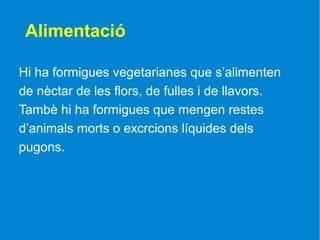 Alimentació

Hi ha formigues vegetarianes que s’alimenten
de nèctar de les flors, de fulles i de llavors.
Tambè hi ha formigues que mengen restes
d’animals morts o excrcions líquides dels
pugons.
 