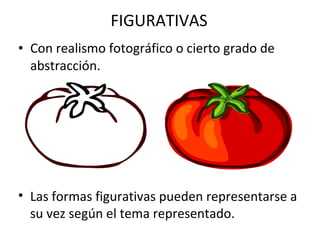 Con realismo fotográfico o cierto grado de abstracción.  FIGURATIVAS Las formas figurativas pueden representarse a su vez según el tema representado. 