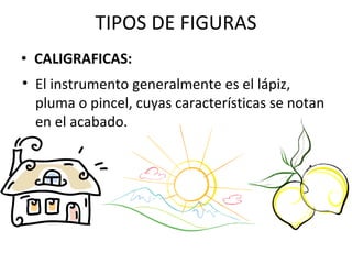 TIPOS DE FIGURAS CALIGRAFICAS:  El instrumento generalmente es el lápiz, pluma o pincel, cuyas características se notan en el acabado. 