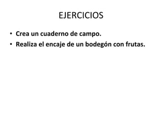 EJERCICIOS Crea un cuaderno de campo. Realiza el encaje de un bodegón con frutas. 