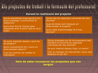 Durant la realització del projecte
Quines possibilitats d’agrupament tinc i   Quines són les capacitats individuals del meu
quins avantatge i inconvenients té         alumnat?
Hem de triar un espai adequat
cadascuna?                                        Hem de distribuir les tasques
                                           Quan detenint serà compte les capacitats
                                                    temps en l’adequat per
          Una distribució
Quins llocs fora de l’escola estan         desenvolupar el projecte?
relacionats amb el tema? Què en sé jo             individuals i el temps del que
                                           Quins estils d’aprenentatge té el meu
                                                  disposem
d’ells?   Una ambientació
                                           alumnat?



DeHem de tenir dispose i quins he
   quins materials al nostre                Quines propostes puc fer de presentació dels
                                                    Quins instruments vaig a
                                            resultats en funció de les capacitats
de preparar?
  abast la informació                               utilitzar per transmetre
                                            individuals del meu alumnat?
Quins coneixements tinc i quins em
  necessària
serà necessari adquirir?                    De quin els coneixements i el centre?
                                                    material disposa l’aula
                                                      adquirits
A qui puc recórrer per ampliar la           Com es manegen els instruments i quins usos
informació?                                 didàctics en puc fer?


            Hem de saber incorporar les propostes que van
                               sorgint
 