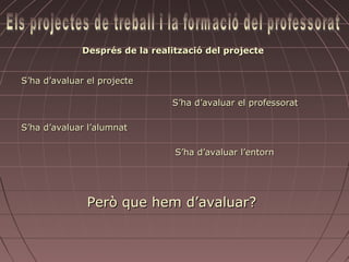 Després de la realització del projecte


S’ha d’avaluar el projecte

                                S’ha d’avaluar el professorat

S’ha d’avaluar l’alumnat

                                 S’ha d’avaluar l’entorn




               Però que hem d’avaluar?
 