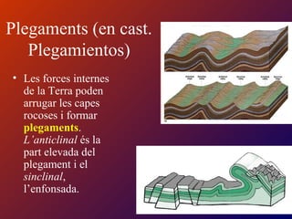• Les forces internes
de la Terra poden
arrugar les capes
rocoses i formar
plegaments.
L’anticlinal és la
part elevada del
plegament i el
sinclinal,
l’enfonsada.
Plegaments (en cast.
Plegamientos)
 
