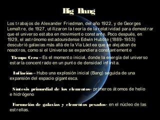 B B
                                ig ang
Los t r abaj os de Alexander Fr iedman, del año 1922, y de Geor ges
Lemaît r e, de 1927, ut ilizar on la t eor ía de la r elat ividad par a demost r ar
que el univer so est aba en movimient o const ant e. Poco después, en
1929, el ast r ónomo est adounidense Edwin Hubble (1889-1953)
descubr ió galaxias más allá de la Vía Láct ea que se alej aban de
nosot r os, como si el Univer so se expandier a const ant ement e
 -Tiempo Cero – Es el moment o inicial, donde la ener gía del univer so
 est ar ía concent r ado en un punt o de densidad inf init a.

 - Inf lación – Hubo una explosión inicial (Bang) seguida de una
 expansión del espacio gigant esca.

 - Síntesis primordial de los elementos- pr imer os át omos de helio
 e hidr ógeno

 - Formación de galaxias y elementos pesados- en el núcleo de las
 est r ellas.
 