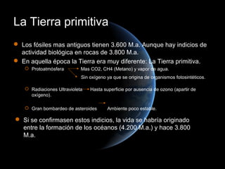 La Tierra primitiva
 Los fósiles mas antiguos tienen 3.600 M.a. Aunque hay indicios de
  actividad biológica en rocas de 3.800 M.a.
 En aquella época la Tierra era muy diferente: La Tierra primitiva.
    Protoatmósfera         Mas CO2, CH4 (Metano) y vapor de agua.
                            Sin oxígeno ya que se origina de organismos fotosintéticos.

    Radiaciones Ultravioleta   Hasta superficie por ausencia de ozono (apartir de
     oxígeno).

    Gran bombardeo de asteroides       Ambiente poco estable.

 Si se confirmasen estos indicios, la vida se habría originado
  entre la formación de los océanos (4.200 M.a.) y hace 3.800
  M.a.
 