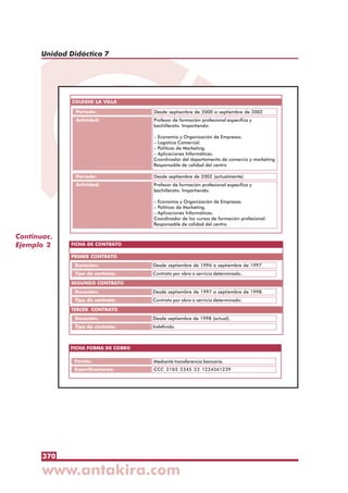 370
Unidad Didáctica 7
Continuac.
Ejemplo 2
FICHA PROFESIONAL
Periodo:
Actividad:
Desde septiembre de 2000 a septiembre de 2002
Profesor de formación profesional específica y
bachillerato. Impartiendo:
– Economía y Organización de Empresas.
– Logística Comercial.
– Políticas de Marketing.
– Aplicaciones Informáticas.
Coordinador del departamento de comercio y marketing.
Responsable de calidad del centro
COLEGIO LA VILLA
Periodo:
Actividad:
Desde septiembre de 2002 (actualmente)
Profesor de formación profesional específica y
bachillerato. Impartiendo:
– Economía y Organización de Empresas.
– Políticas de Marketing.
– Aplicaciones Informáticas.
Coordinador de los cursos de formación profesional.
Responsable de calidad del centro
FICHA DE CONTRATO
Duración:
Tipo de contrato:
Desde septiembre de 1996 a septiembre de 1997.
Contrato por obra o servicio determinado..
PRIMER CONTRATO
Duración:
Tipo de contrato:
Desde septiembre de 1997 a septiembre de 1998.
Contrato por obra o servicio determinado.
SEGUNDO CONTRATO
Duración:
Tipo de contrato:
Desde septiembre de 1998 (actual).
Indefinido.
TERCER CONTRATO
FICHA FORMA DE COBRO
Forma:
Especificaciones:
Mediante transferencia bancaria.
CCC 2103 2345 23 1234561239
 