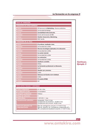 371
La formación en la empresa II
Continuac.
Ejemplo 2
FICHA DE FORMACIÓN
Curso:
Entidad:
Actividad:
VII Seminario de Marketing. «Nuevos productos».
Universidad de Málaga
FORMACIÓN EN OTRAS EMPRESAS
Curso:
Actividad:
El profesor mediador tutor.
FORMACIÓN EN LA VILLA
Curso:
Entidad:
Contabilidad Informatizada.
Centro de Formación de IBM.
Curso:
Entidad:
Gestión Comercial y Marketing.
ESIC Sevilla.
Entidad: Universidad de La Salle.
Curso:
Actividad:
Nuevas tecnologías aplicadas a la educación.
Entidad: Universidad de La Salle.
Curso:
Actividad:
La acción tutorial.
Entidad: Universidad de La Salle.
Curso:
Actividad:
La evaluación.
Entidad: Universidad de La Salle.
Curso:
Actividad:
Auditoría contable.
Entidad: KPMG.
Curso:
Actividad:
La formación profesional en Alemania.
Entidad: ELWE.
Curso:
Actividad:
Gestión por procesos.
Entidad: CAEG.
Curso:
Actividad:
Sistemas de Gestión de la Calidad.
Entidad: CAEG.
Curso:
Actividad:
El modelo EFQM.
Entidad: IAT.
FICHA DATOS FISCALES Y CONTABLES
Fecha antigüedad:
Nº Afiliación a la SS:
Categoría profesional:
Grupo de cotización:
Salario Base:
Complementos salariales:
01-09-1996
2134568941
Profesor
1
1.527,20 € / mes
Antigüedad: 78,44 €/mes
Complemento de beneficios: 165,88 €/mes
Complemento del convenio: 40,68 €/mes
Bases de cotización a la
Seguridad Social:
Base de contingencias comunes: 2.115,07 €/mes
Base de cotización por contingencias profesionales (AT y
EP) y conceptos de recaudación conjunta: 2.115,07 €/mes
 