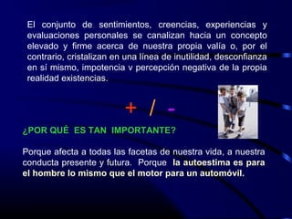 El conjunto de sentimientos, creencias, experiencias y
evaluaciones personales se canalizan hacia un concepto
elevado y firme acerca de nuestra propia valía o, por el
contrario, cristalizan en una línea de inutilidad, desconfianza
en sí mismo, impotencia v percepción negativa de la propia
realidad existencias.
+ / -
¿POR QUÉ ES TAN IMPORTANTE?
Porque afecta a todas las facetas de nuestra vida, a nuestra
conducta presente y futura. Porque la autoestima es para
el hombre lo mismo que el motor para un automóvil.
 