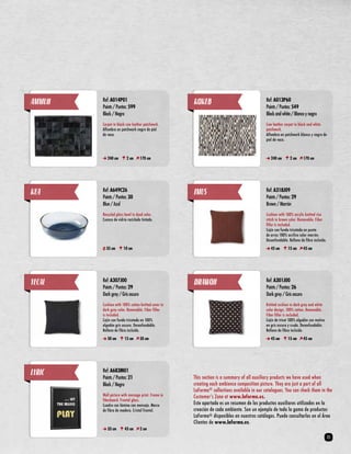 IMUS Ref: A318J09 
Points / Puntos: 29 
Brown / Marrón 
Cushion with 100% acrylic knitted rice 
stitch in brown color. Removable. Fiber 
filler is included. 
Cojín con funda tricotada en punto 
de arroz 100% acrílico color marrón. 
Desenfundable. Relleno de fibra incluido. 
45 cm 15 cm 45 cm 
This section is a summary of all auxiliary products we have used when 
creating each ambience composition picture. They are just a part of all 
LaForma® collections available in our catalogues. You can check them in the 
Customer’s Zone at www.laforma.es. 
Este apartado es un resumen de los productos auxiliares utilizados en la 
creación de cada ambiente. Son un ejemplo de toda la gama de productos 
LaForma® disponibles en nuestros catálogos. Puede consultarlos en el Área 
Clientes de www.laforma.es. 
AMMUH Ref: A014P01 
Points / Puntos: 599 
Black / Negro 
Carpet in black cow leather patchwork. 
Alfombra en patchwork negro de piel 
de vaca. 
240 cm 2 cm 170 cm 
DRAWOH Ref: A301J00 
Points / Puntos: 26 
Dark grey / Gris oscuro 
Knitted cushion in dark grey and white 
color design, 100% cotton. Removable. 
Fiber filler is included. 
Cojín de tricot 100% algodón con motivo 
en gris oscuro y crudo. Desenfundable. 
Relleno de fibra incluido. 
45 cm 15 cm 45 cm 
YECAL Ref: A307J00 
Points / Puntos: 29 
Dark grey / Gris oscuro 
Cushion with 100% cotton knitted cover in 
dark grey color. Removable. Fiber filler 
is included. 
Cojín con funda tricotada en 100% 
algodón gris oscuro. Desenfundable. 
Relleno de fibra incluido. 
50 cm 15 cm 50 cm 
LYRIC Ref: A683M01 
Points / Puntos: 21 
Black / Negro 
Wall picture with message print. Frame in 
fiberboard. Frontal glass. 
Cuadro con lámina con mensaje. Marco 
de fibra de madera. Cristal frontal. 
33 cm 43 cm 2 cm 
KOKEB Ref: A013P60 
Points / Puntos: 549 
Black and white / Blanco y negro 
Cow leather carpet in black and white 
patchwork. 
Alfombra en patchwork blanco y negro de 
piel de vaca. 
240 cm 2 cm 170 cm 
KEA Ref: A649C26 
Points / Puntos: 30 
Blue / Azul 
Recycled glass bowl in dyed color. 
Cuenco de vidrio reciclado tintado. 
35 cm 10 cm 
35 
 