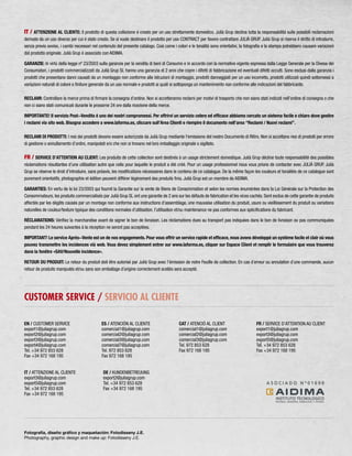 IT / ATTENZIONE AL CLIENTE: Il prodotto di questa collezione é creato per un uso strettamente domestico. Julià Grup declina tutta la responsabilitá sulle possibili reclamazioni 
derivate da un uso diverso per cui é stato creato. Se si vuole destinare il prodotto per uso CONTRACT per favore contrattare JULIÀ GRUP. Julià Grup si riserva il diritto di introdurre, 
senza previo avviso, i cambi necessari nel contenuto del presente catalogo. Cosi come i colori e le tonalitá sono orientativi, la fotografia e la stampa potrebbero causare variazioni 
dal prodotto originale. Julià Grup é associato con AIDIMA. 
GARANZIE: In virtú della legge nº 23/2003 sulla garanzie per la vendita di beni di Consumo e in accordo con la normativa vigente espressa dalla Legge Generale per la Divesa dei 
Consumatori, i prodotti commercializzati da Julià Grup SL hanno una garanzia di 2 anni che copre i difetti di fabbricazione ed eventuali difetti occulti. Sono esclusi dalla garanzia i 
prodotti che presentano danni causati da un montaggio non conforme alle istruzioni di montaggio, prodotti danneggiati per un uso incorretto, prodotti utilizzati quindi sottomessi a 
variazioni naturali di colore o finiture generate da un uso normale e prodotti ai quali si sottoponga un mantenimento non conforme alle indicazioni del fabbricante. 
RECLAMI: Controllare la merce prima di firmare la consegna d’ordine. Non si accetteranno reclami per motivi di trasporto che non siano stati indicati nell’ordine di consegna o che 
non ci siano stati comunicati durante le prossime 24 ore dalla ricezione della merce. 
IMPORTANTE! Il servizio Post-Vendita é uno dei nostri compromessi. Per offrirvi un servizio celere ed efficace abbiamo cercato un sistema facile e chiaro dove gestire 
i reclami via sito web. Bisogna accedere a www.laforma.es, cliccare sull’Area Clienti e riempire il documento nell’area “Reclami / Nuovi reclami”. 
RECLAMI DI PRODOTTI: I resi dei prodotti devono essere autorizzate da Julià Grup mediante l’emissione del nostro Documento di Ritiro. Non si accettano resi di prodotti per errore 
di gestione o annullamento d’ordini, manipolati e/o che non si trovano nel loro imballaggio originale o sigillato. 
FR / SERVICE D’ATTENTION AU CLIENT: Les produits de cette collection sont destinés à un usage strictement domestique. Julià Grup décline toute responsabilité des possibles 
réclamations résultantes d’une utilisation autre que celle pour laquelle le produit a été créé. Pour un usage professionnel nous vous prions de contacter avec JULIÀ GRUP. Julià 
Grup se réserve le droit d’introduire, sans préavis, les modifications nécessaires dans le contenu de ce catalogue. De la même façon les couleurs et tonalités de ce catalogue sont 
purement orientatifs, photographie et édition peuvent différer légèrement des produits finis. Julià Grup est un membre de AIDIMA. 
GARANTIES: En vertu de la loi 23/2003 qui fournit la Garantie sur la vente de Biens de Consommation et selon les normes énumérées dans la Loi Générale sur la Protection des 
Consommateurs, les produits commercialisés par Julià Grup SL ont une garantie de 2 ans sur les défauts de fabrication et les vices cachés. Sont exclus de cette garantie de produits 
affectés par les dégâts causés par un montage non conforme aux instructions d’assemblage, une mauvaise utilisation du produit, usure ou vieillissement du produit ou variations 
naturelles de couleur/texture typique des conditions normales d’utilisation, l’utilisation et/ou maintenance ne pas conformes aux spécifications du fabricant. 
RÉCLAMATIONS: Vérifiez la marchandise avant de signer le bon de livraison. Les réclamations dues au transport pas indiquées dans le bon de livraison ou pas communiquées 
pendant les 24 heures suivantes à la réception ne seront pas acceptées. 
IMPORTANT! Le service Après-Vente est un de nos engagements. Pour vous offrir un service rapide et efficace, nous avons développé un système facile et clair où vous 
pouvez transmettre les incidences via web. Vous devez simplement entrer sur www.laforma.es, cliquer sur Espace Client et remplir le formulaire que vous trouverez 
dans la fenêtre «SAV/Nouvelle incidence». 
RETOUR DU PRODUIT: Le retour du produit doit être autorisé par Julià Grup avec l’émission de notre Feuille de collection. En cas d´erreur ou annulation d´une commande, aucun 
retour de produits manipulés et/ou sans son emballage d´origine correctement scellés sera accepté. 
FR / SERVICE D’ATTENTION AU CLIENT 
export1@juliagrup.com 
export3@juliagrup.com 
export5@juliagrup.com 
Tel. +34 972 853 628 
Fax +34 972 168 195 
DE / KUNDENBETREUUNG 
export2@juliagrup.com 
Tel. +34 972 853 628 
Fax +34 972 168 195 
EN / CUSTOMER SERVICE 
export1@juliagrup.com 
export2@juliagrup.com 
export3@juliagrup.com 
export4@juliagrup.com 
Tel. +34 972 853 628 
Fax +34 972 168 195 
IT / ATTENZIONE AL CLIENTE 
export3@juliagrup.com 
export5@juliagrup.com 
Tel. +34 972 853 628 
Fax +34 972 168 195 
CAT / ATENCIÓ AL CLIENT 
comercial1@juliagrup.com 
comercial2@juliagrup.com 
comercial3@juliagrup.com 
Tel. 972 853 628 
Fax 972 168 195 
CUSTOMER SERVICE / SERVICIO AL CLIENTE 
ES / ATENCIÓN AL CLIENTE 
comercial1@juliagrup.com 
comercial2@juliagrup.com 
comercial3@juliagrup.com 
comercial7@juliagrup.com 
Tel. 972 853 628 
Fax 972 168 195 
Fotografía, diseño gráfico y maquetación: Fotodisseny J.E. 
Photography, graphic design and make up: Fotodisseny J.E. 
 