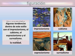 figuración
Una característica
común a todos los
estilos figurativos es la
de no tener en cuenta
las proporciones clásicas
y la de mantener una
distancia subjetiva con
la realidad.
Algunas tendencias
dentro de este estilo
son el impresionismo, el
cubismo, el
expresionismo y el
surrealismo.
impresionismo cubismo
expresionismo surrealismo
 